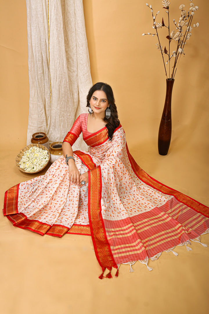 Red Color soft cotton Silk With Pure Zari Work With Beautiful Print On Saree