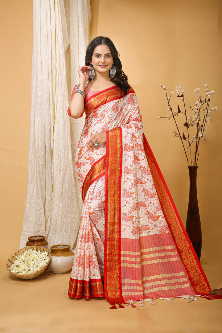 Red Color soft cotton Silk With Pure Zari Work With Beautiful Print On Saree