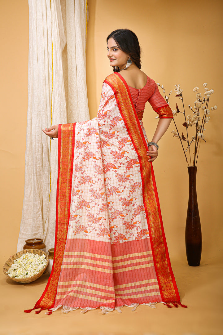 Red Color soft cotton Silk With Pure Zari Work With Beautiful Print On Saree