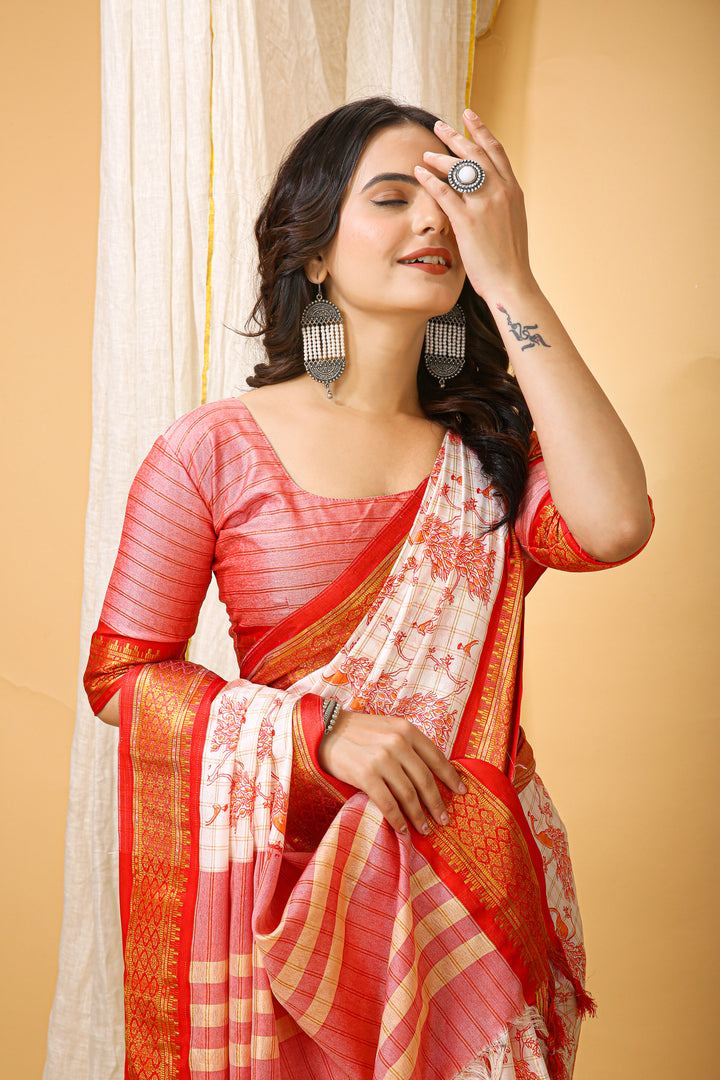 Red Color soft cotton Silk With Pure Zari Work With Beautiful Print On Saree