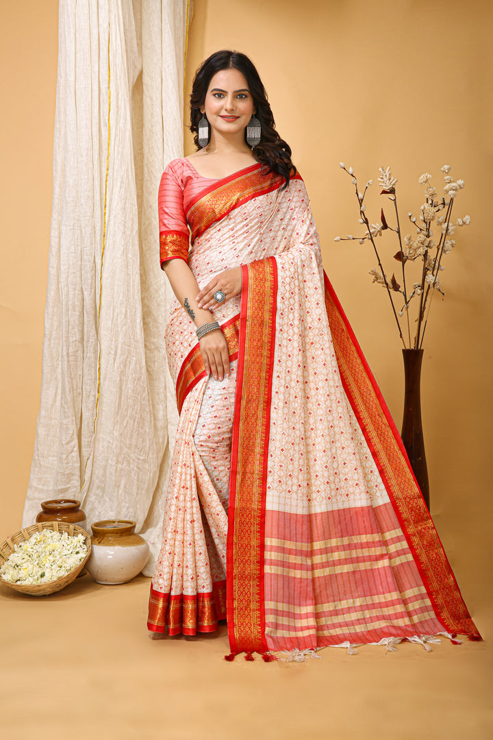 Red Colour Soft Cotton Silk Pure Zari Work With Beautiful Print On Saree
