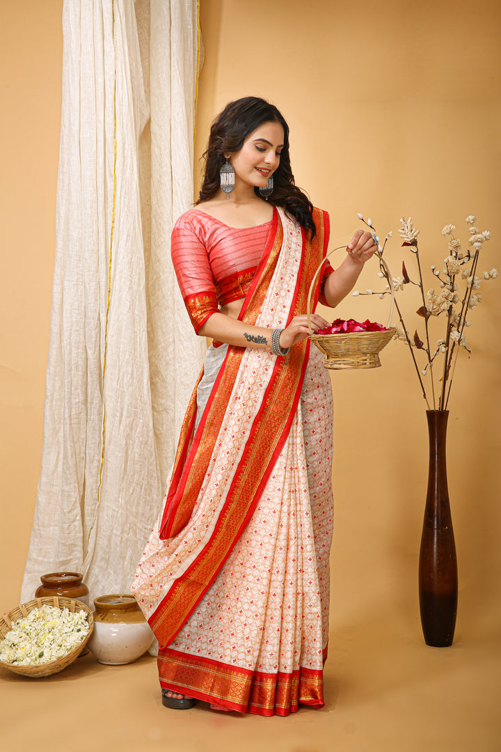Red Colour Soft Cotton Silk Pure Zari Work With Beautiful Print On Saree