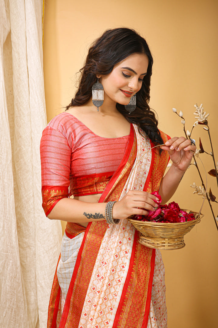 Red Colour Soft Cotton Silk Pure Zari Work With Beautiful Print On Saree