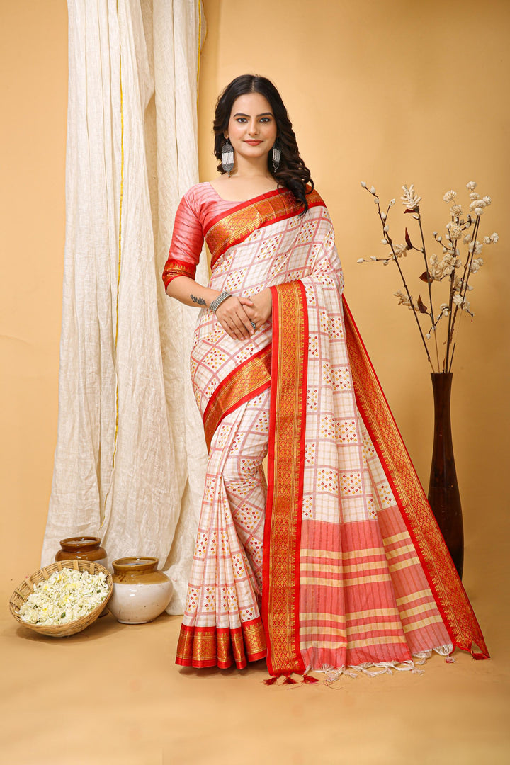 Red Colour Soft Cotton Silk Pure Zari Work With Beautiful Print On Saree