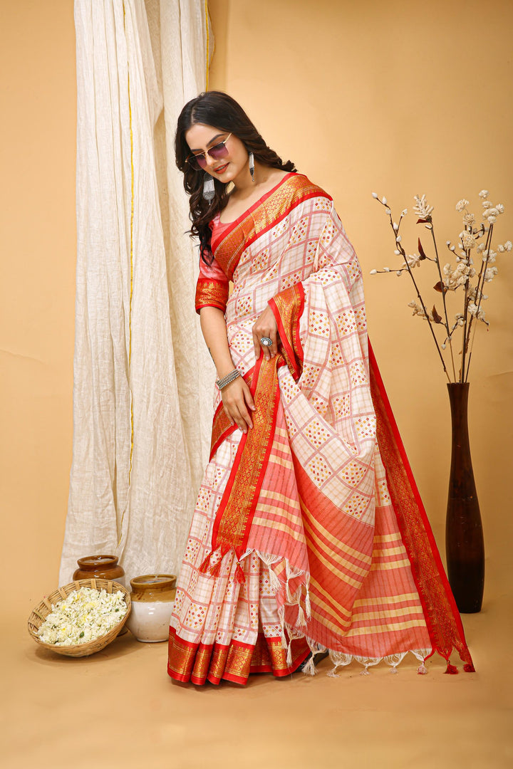 Red Colour Soft Cotton Silk Pure Zari Work With Beautiful Print On Saree