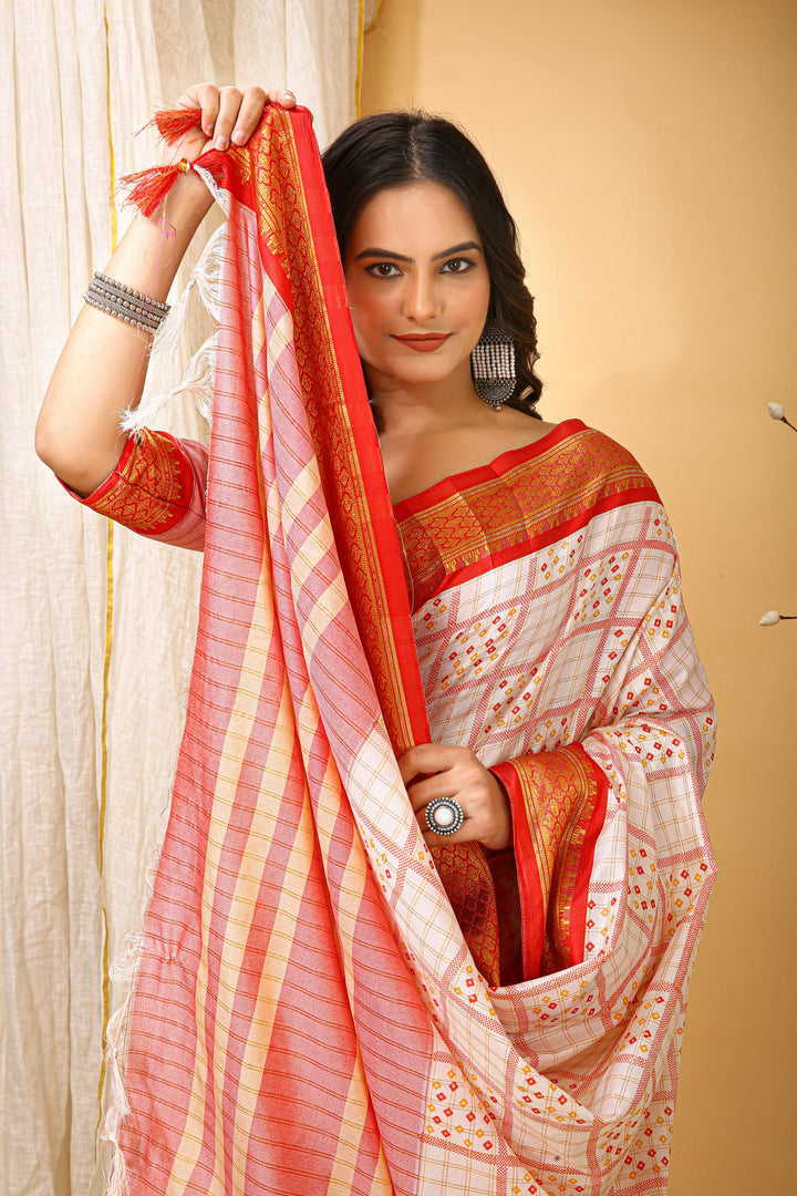 Red Colour Soft Cotton Silk Pure Zari Work With Beautiful Print On Saree