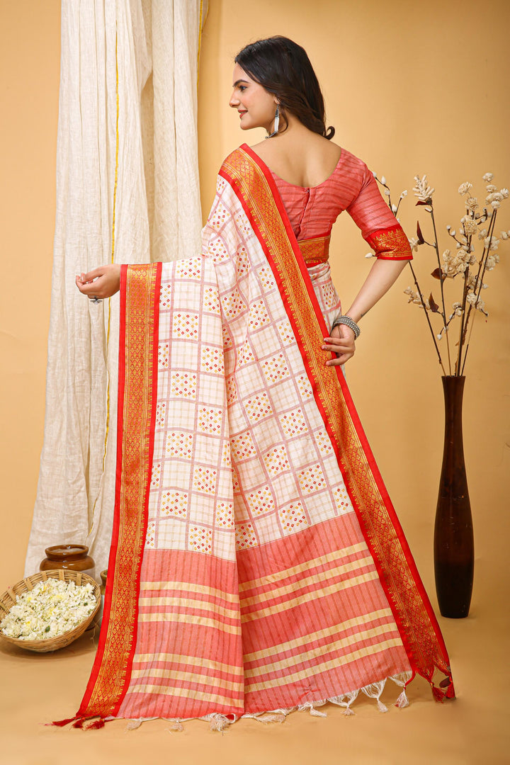 Red Colour Soft Cotton Silk Pure Zari Work With Beautiful Print On Saree