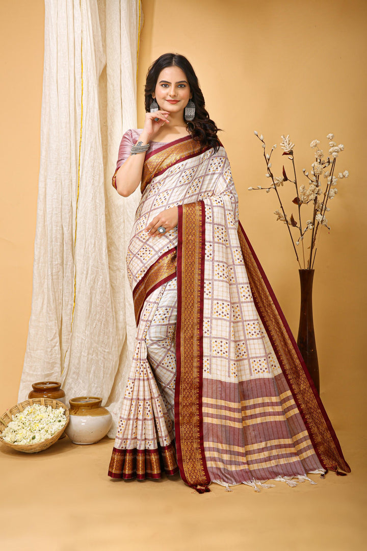 Maroon Colour Soft Cotton Silk Pure Zari Work With Beautiful Print On Saree