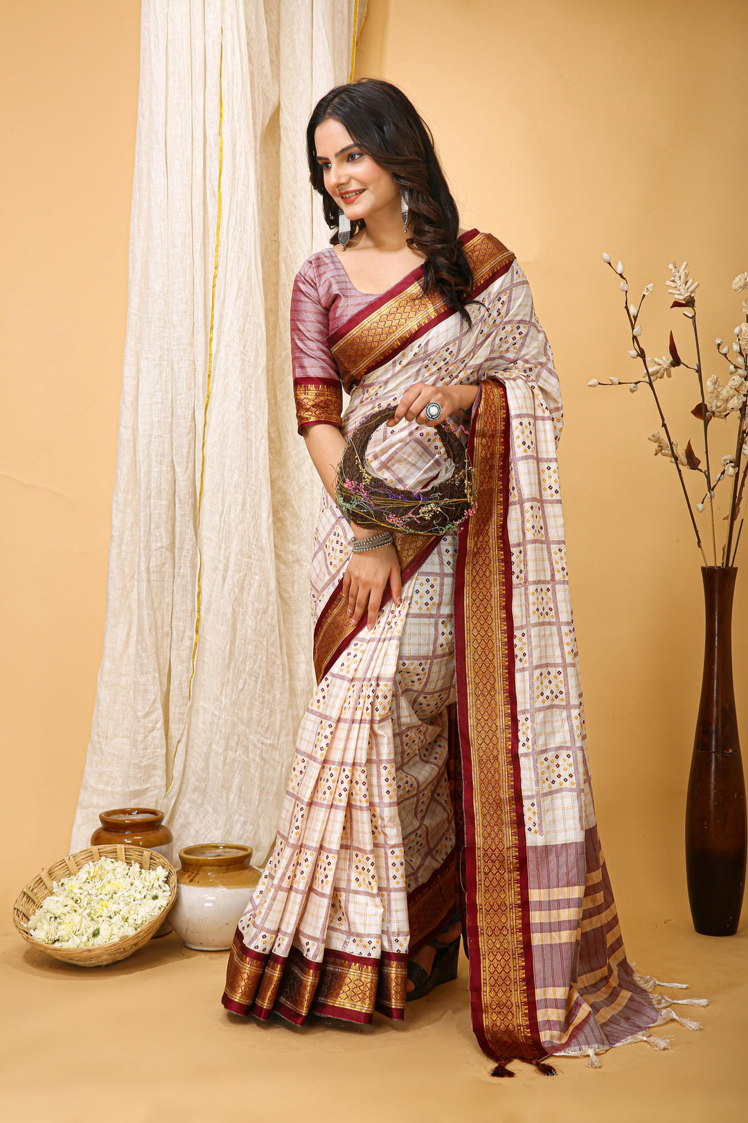 Maroon Colour Soft Cotton Silk Pure Zari Work With Beautiful Print On Saree