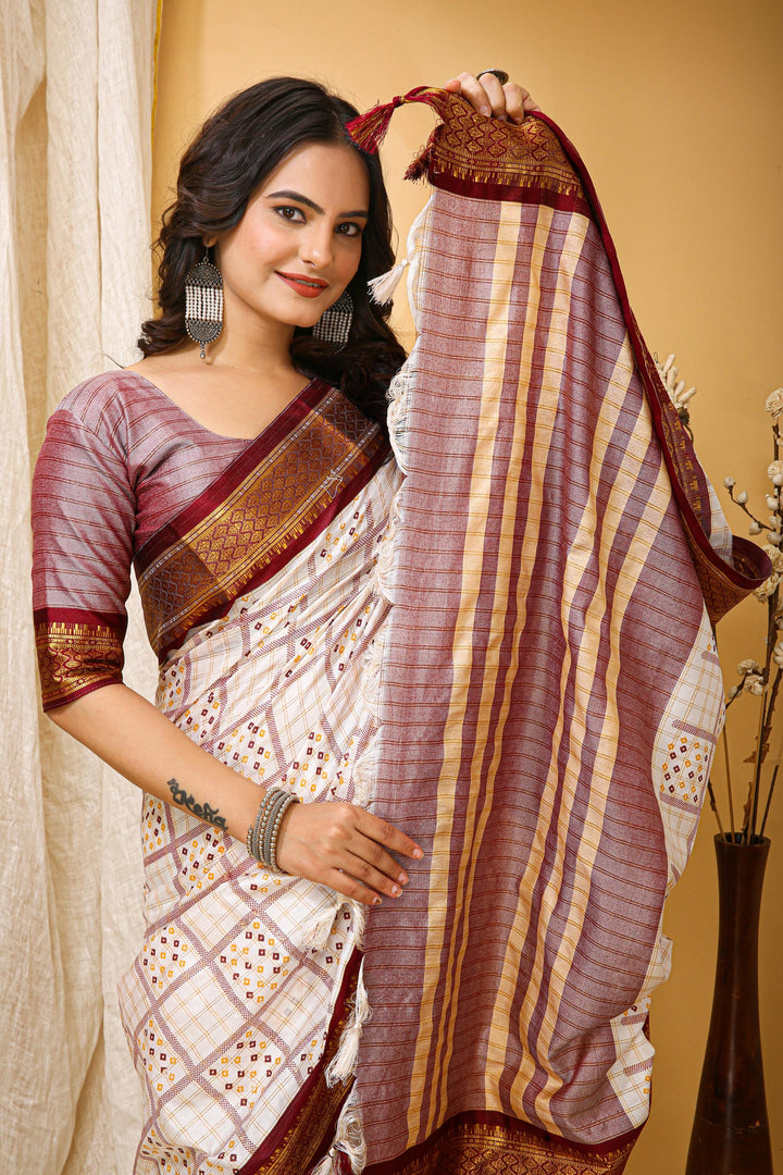 Maroon Colour Soft Cotton Silk Pure Zari Work With Beautiful Print On Saree