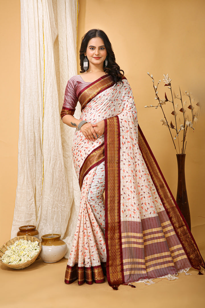 Maroon Color soft cotton Silk With Pure Zari Work With Beautiful Print On Saree