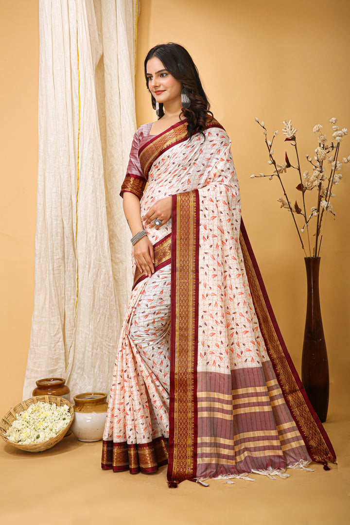 Maroon Color soft cotton Silk With Pure Zari Work With Beautiful Print On Saree