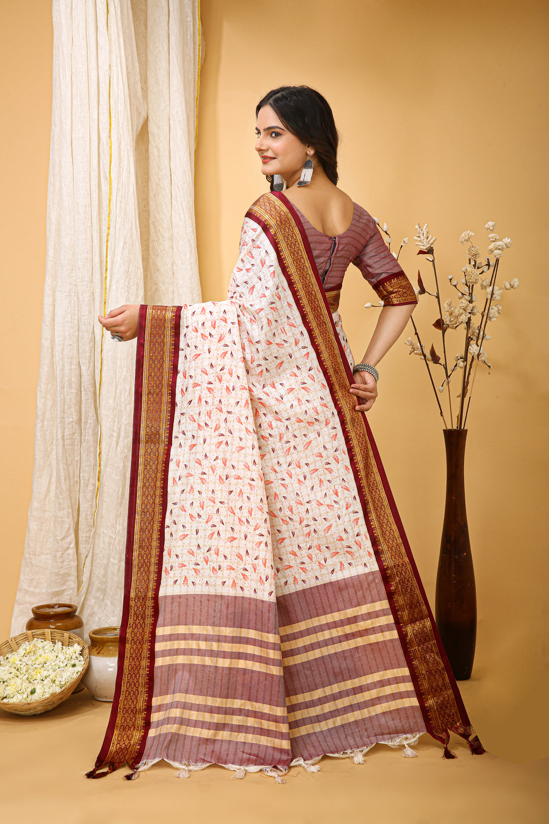 Maroon Color soft cotton Silk With Pure Zari Work With Beautiful Print On Saree