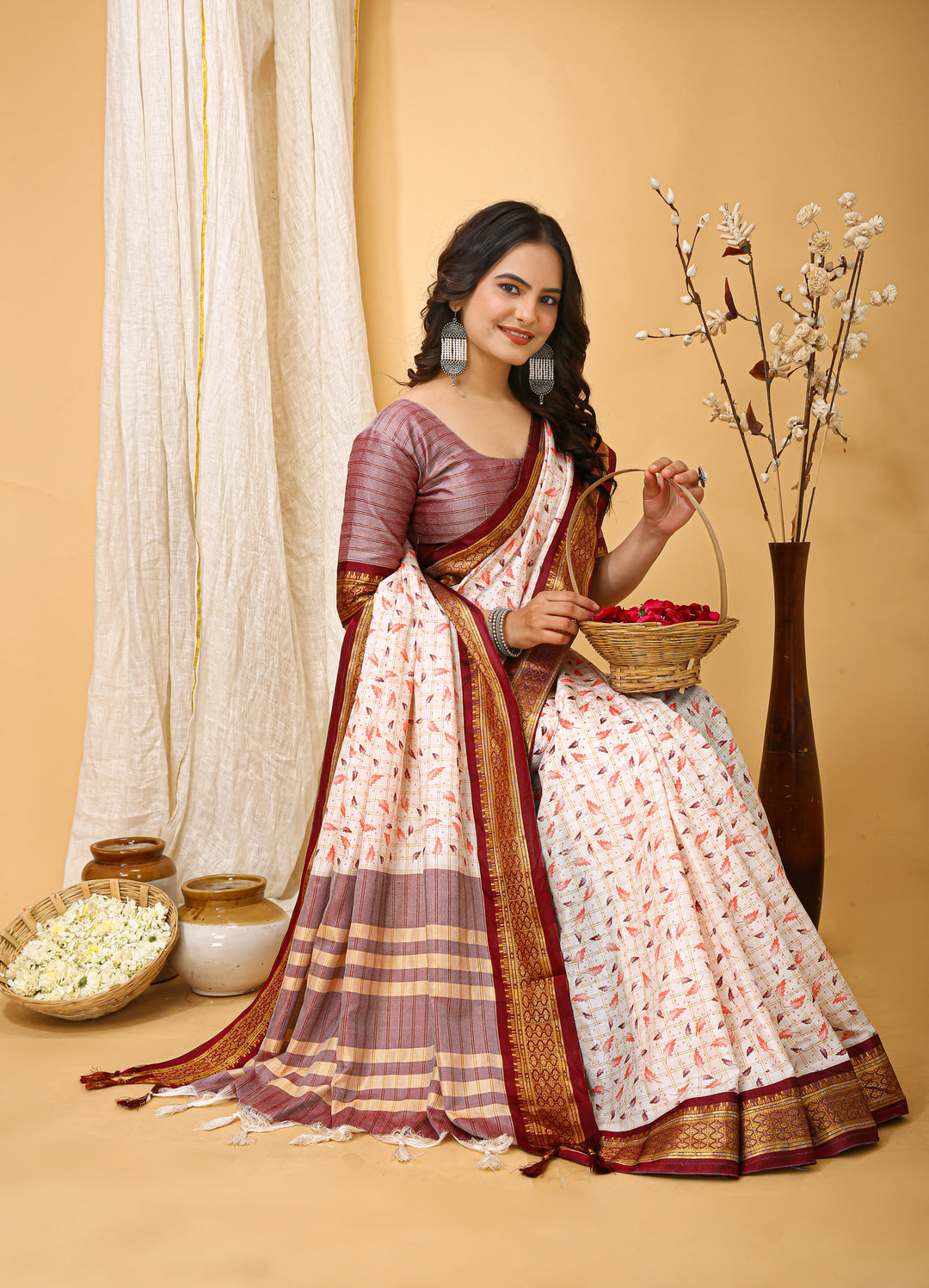 Maroon Color soft cotton Silk With Pure Zari Work With Beautiful Print On Saree