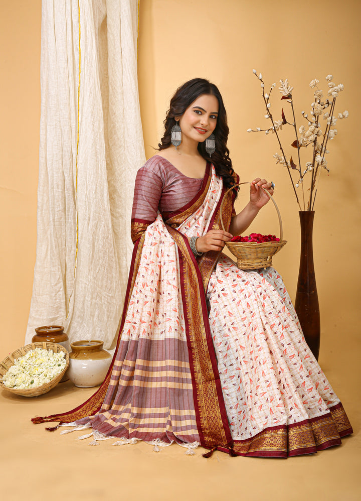 Maroon Color soft cotton Silk With Pure Zari Work With Beautiful Print On Saree