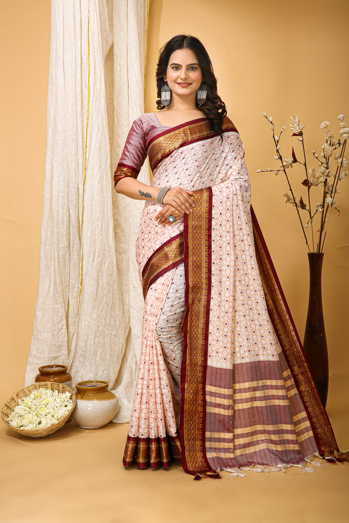 Maroon Colour Soft Cotton Silk Pure Zari Work With Beautiful Print On Saree