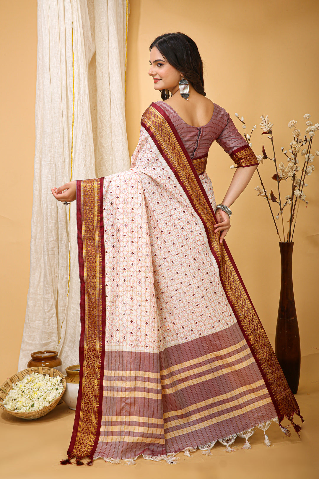 Maroon Colour Soft Cotton Silk Pure Zari Work With Beautiful Print On Saree