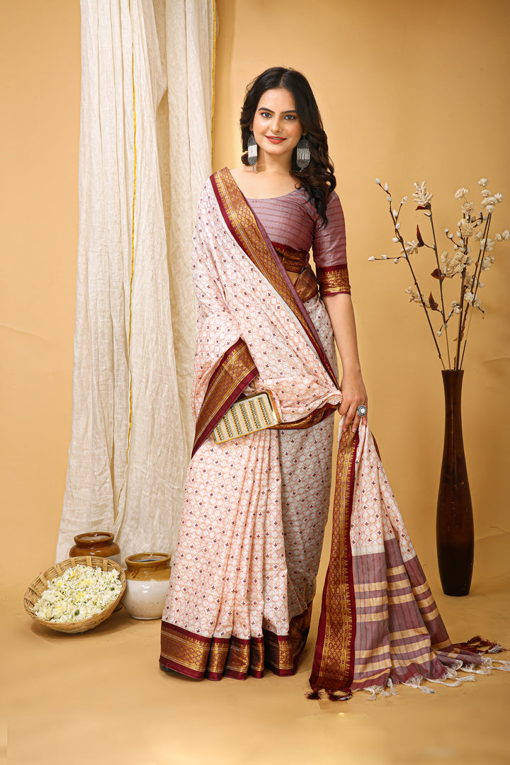 Maroon Colour Soft Cotton Silk Pure Zari Work With Beautiful Print On Saree