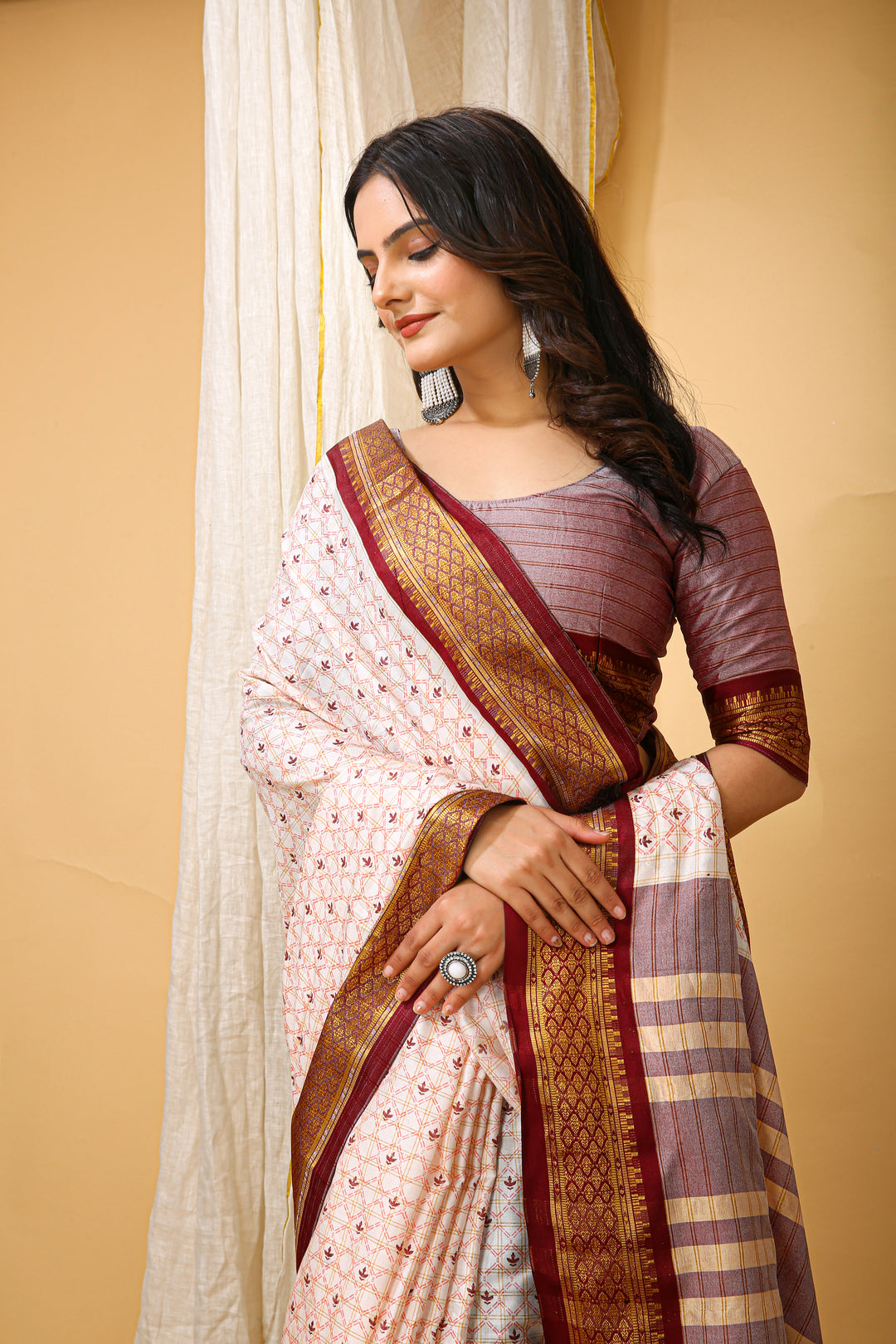 Maroon Colour Soft Cotton Silk Pure Zari Work With Beautiful Print On Saree
