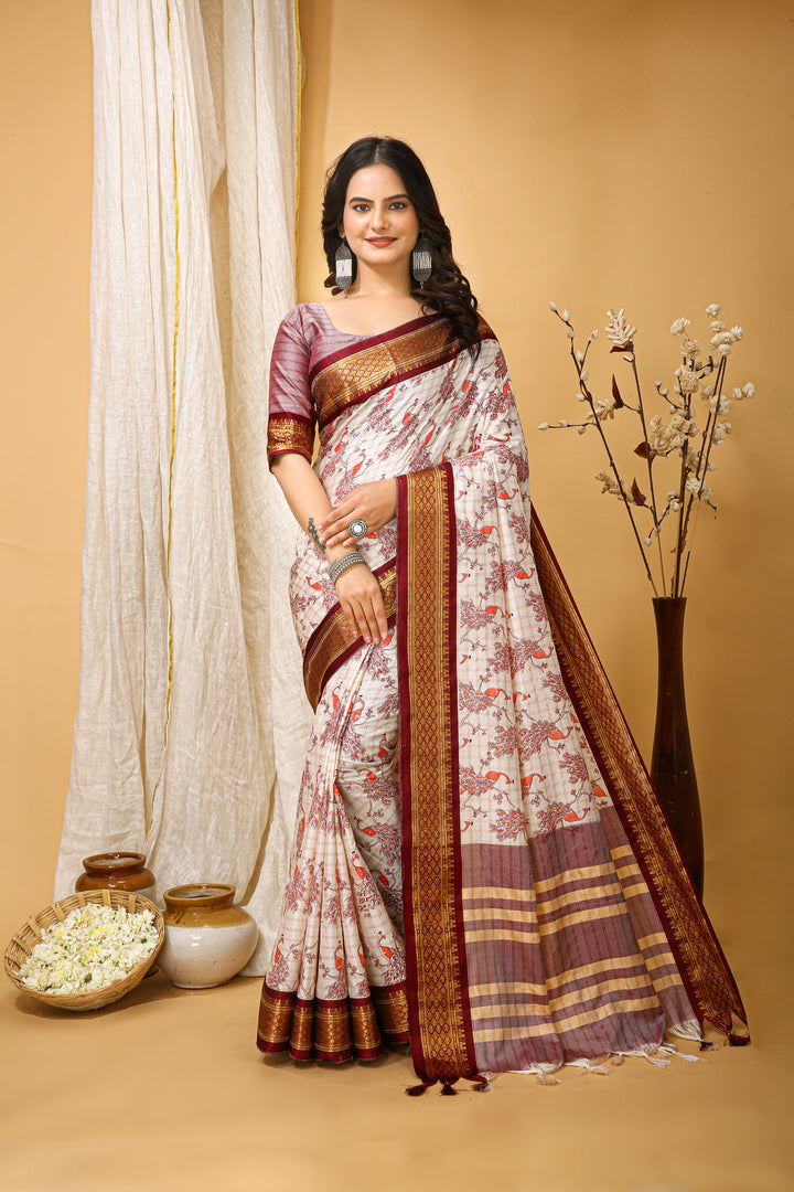 Maroon Color soft cotton Silk With Pure Zari Work With Beautiful Print On Saree