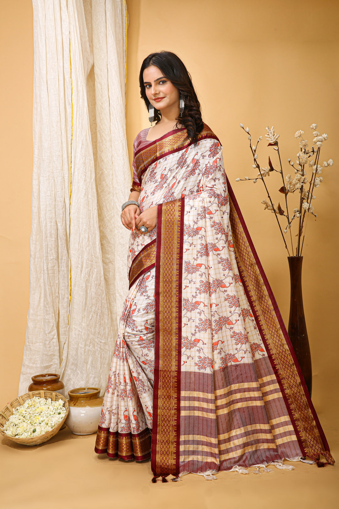 Maroon Color soft cotton Silk With Pure Zari Work With Beautiful Print On Saree