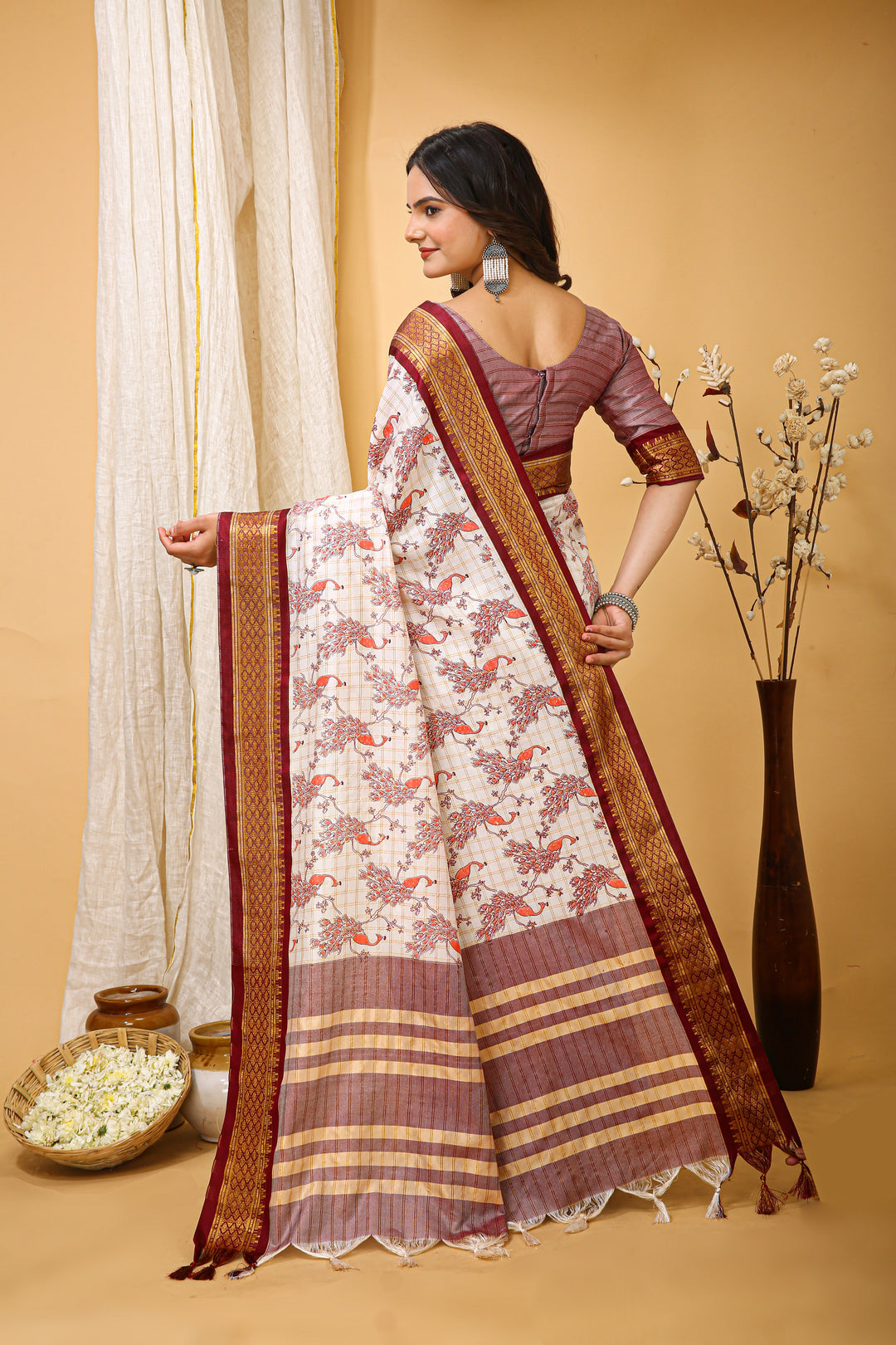 Maroon Color soft cotton Silk With Pure Zari Work With Beautiful Print On Saree