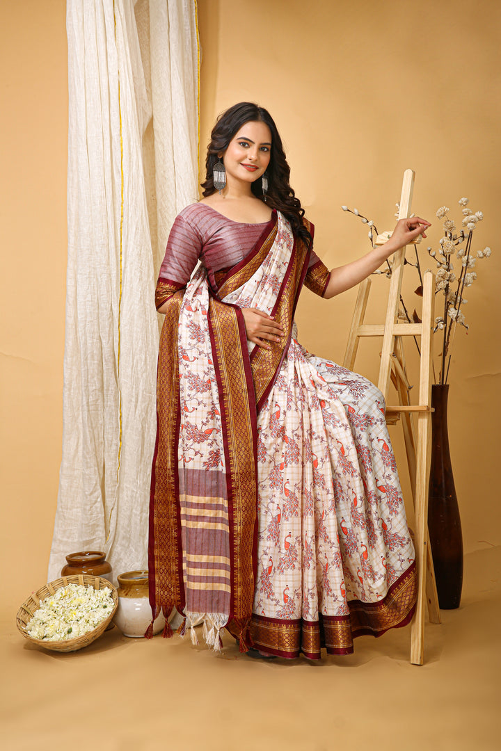 Maroon Color soft cotton Silk With Pure Zari Work With Beautiful Print On Saree