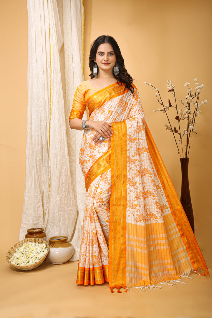 Mustrad Color soft cotton Silk With Pure Zari Work With Beautiful Print On Saree