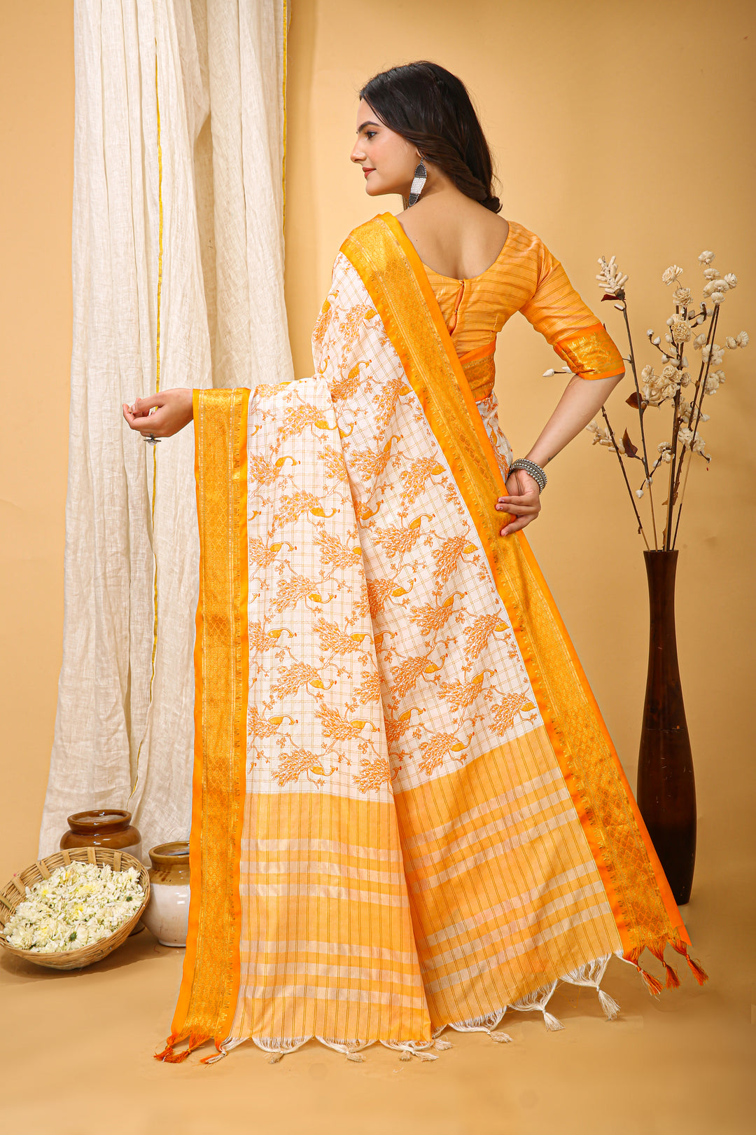 Mustrad Color soft cotton Silk With Pure Zari Work With Beautiful Print On Saree