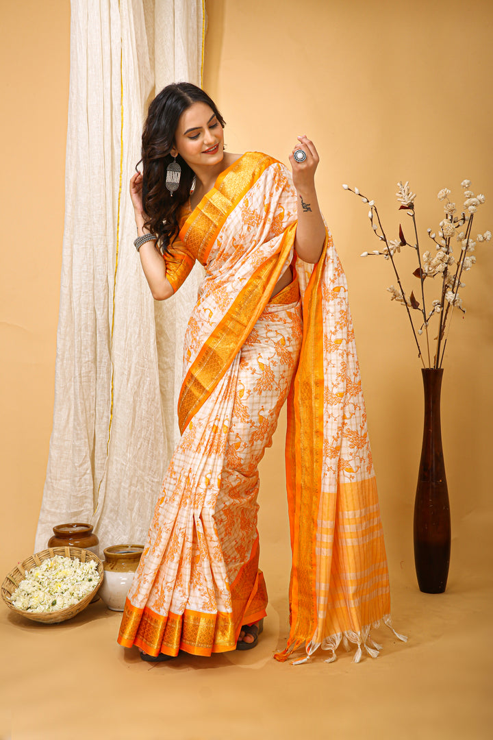 Mustrad Color soft cotton Silk With Pure Zari Work With Beautiful Print On Saree