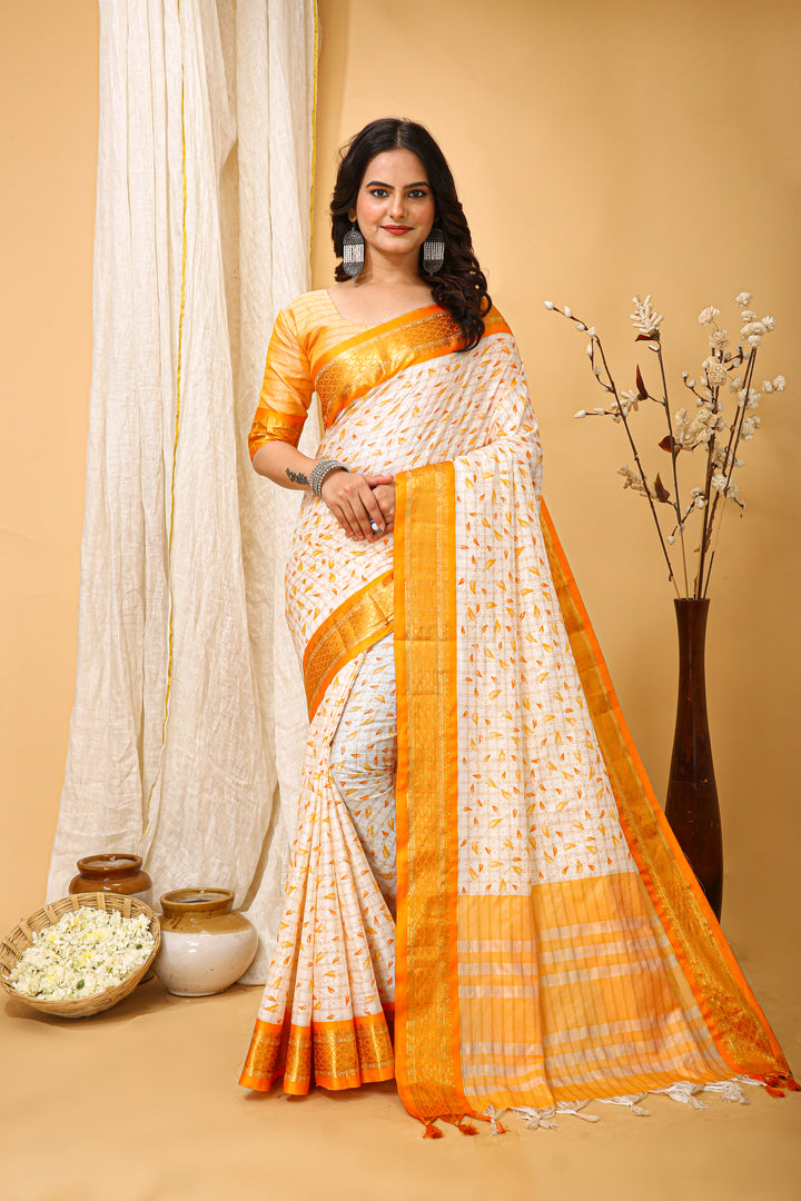 Mustrad Color soft cotton Silk With Pure Zari Work With Beautiful Print On Saree