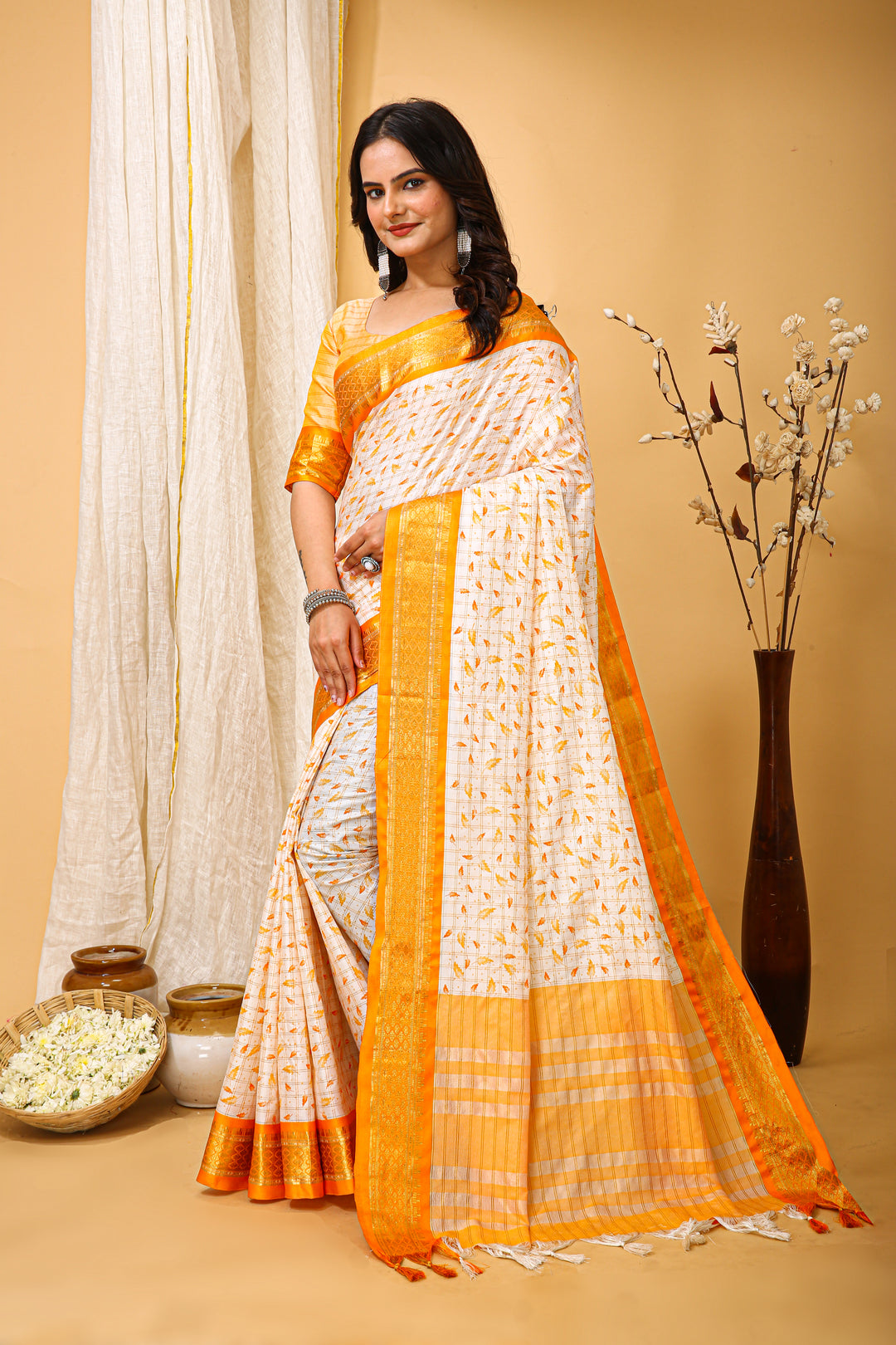 Mustrad Color soft cotton Silk With Pure Zari Work With Beautiful Print On Saree