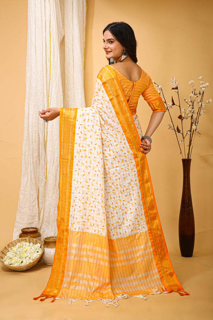 Mustrad Color soft cotton Silk With Pure Zari Work With Beautiful Print On Saree