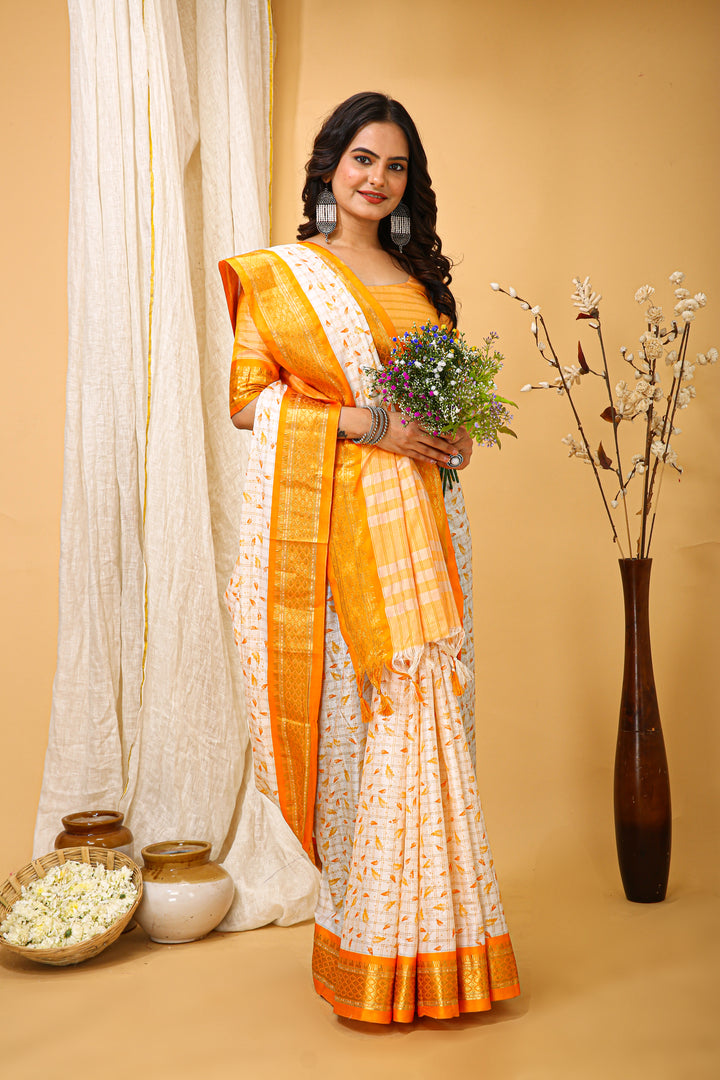 Mustrad Color soft cotton Silk With Pure Zari Work With Beautiful Print On Saree