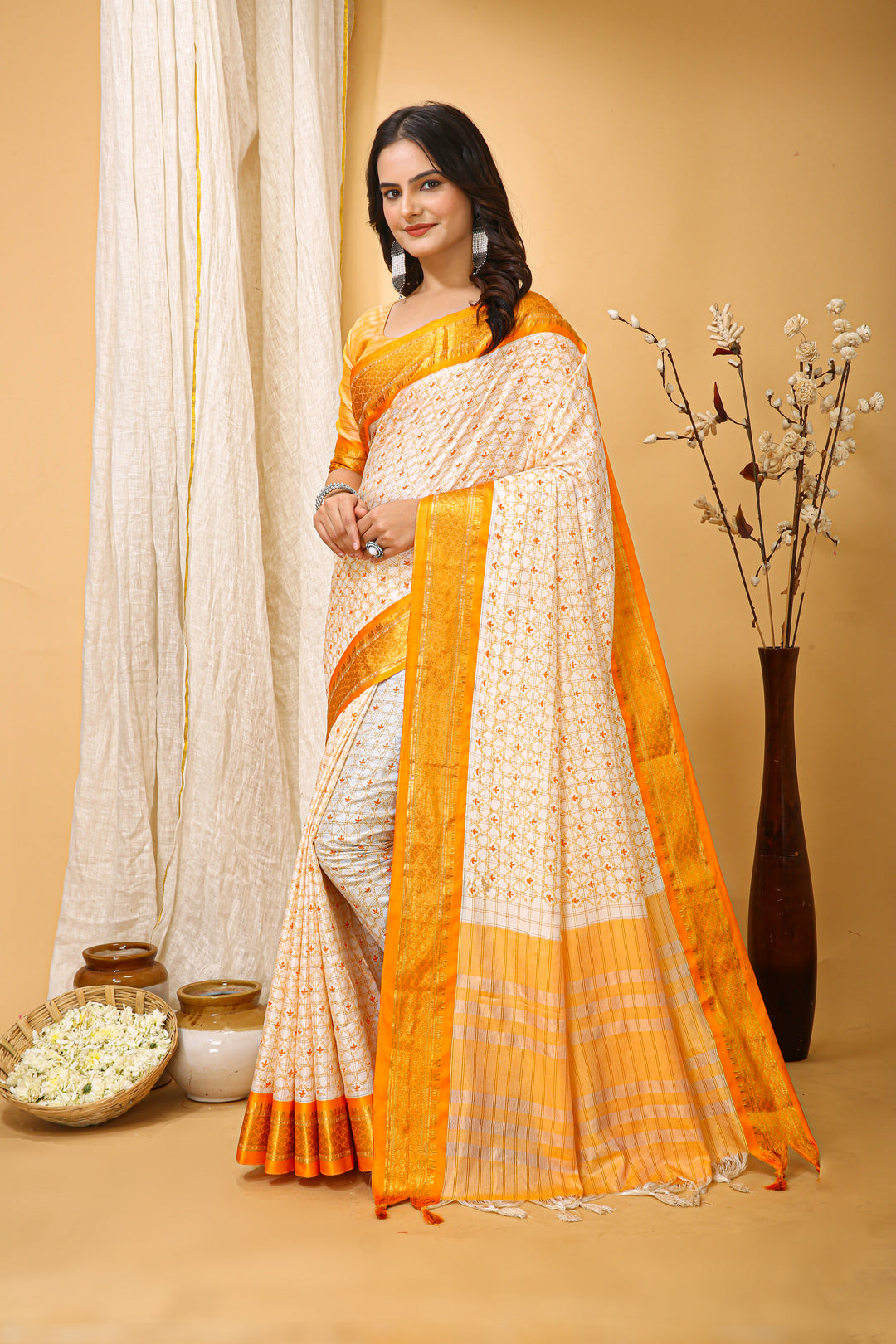 Yellow Colour Soft Cotton Silk Pure Zari Work With Beautiful Print On Saree