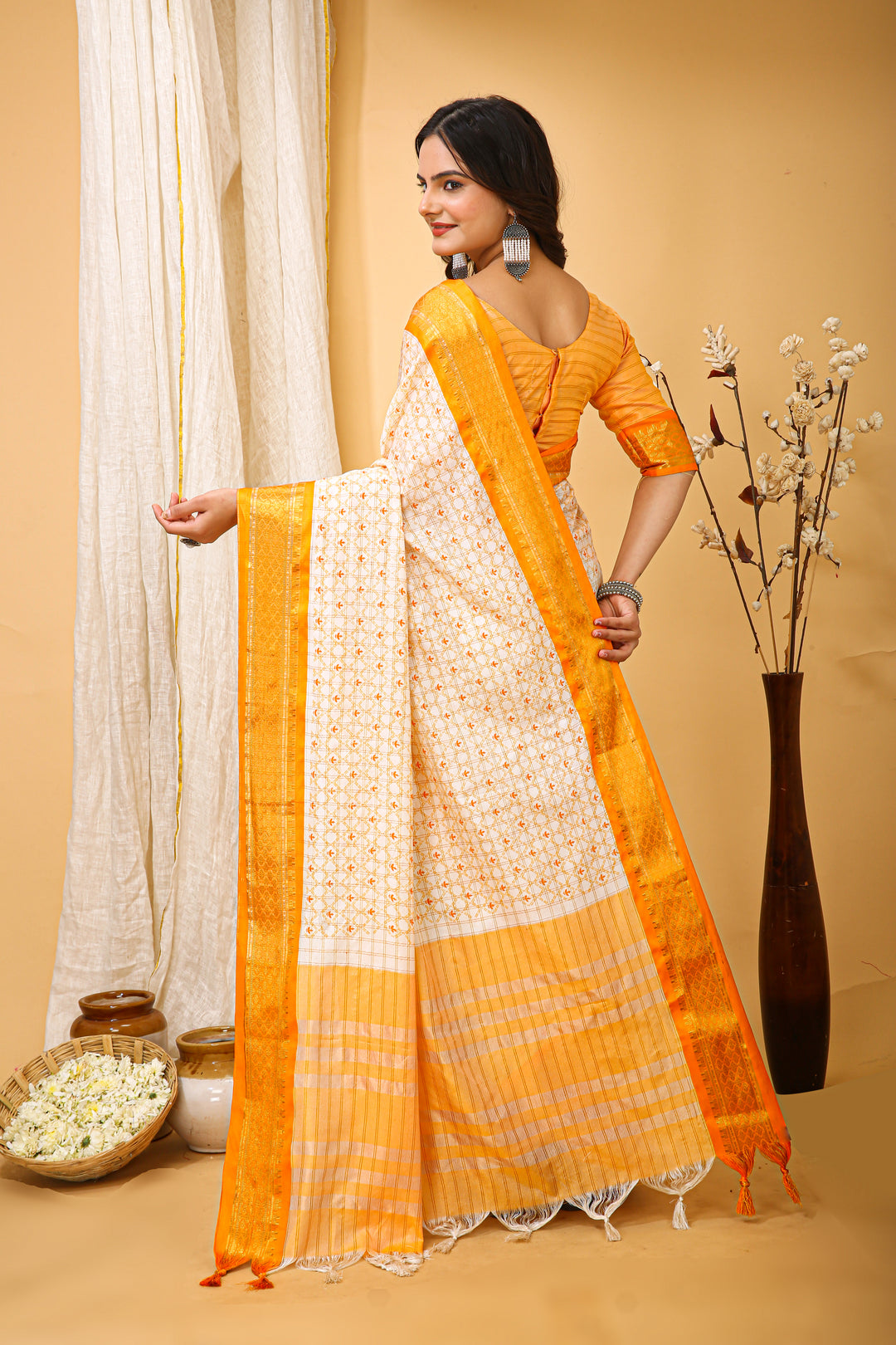 Yellow Colour Soft Cotton Silk Pure Zari Work With Beautiful Print On Saree