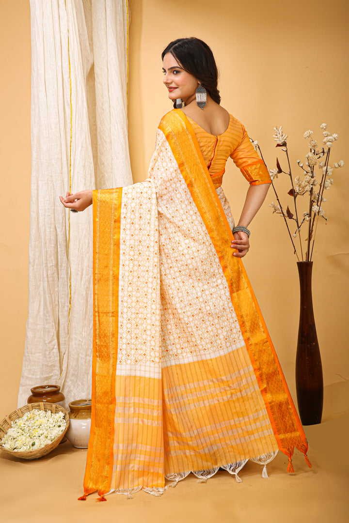 Yellow Colour Soft Cotton Silk Pure Zari Work With Beautiful Print On Saree