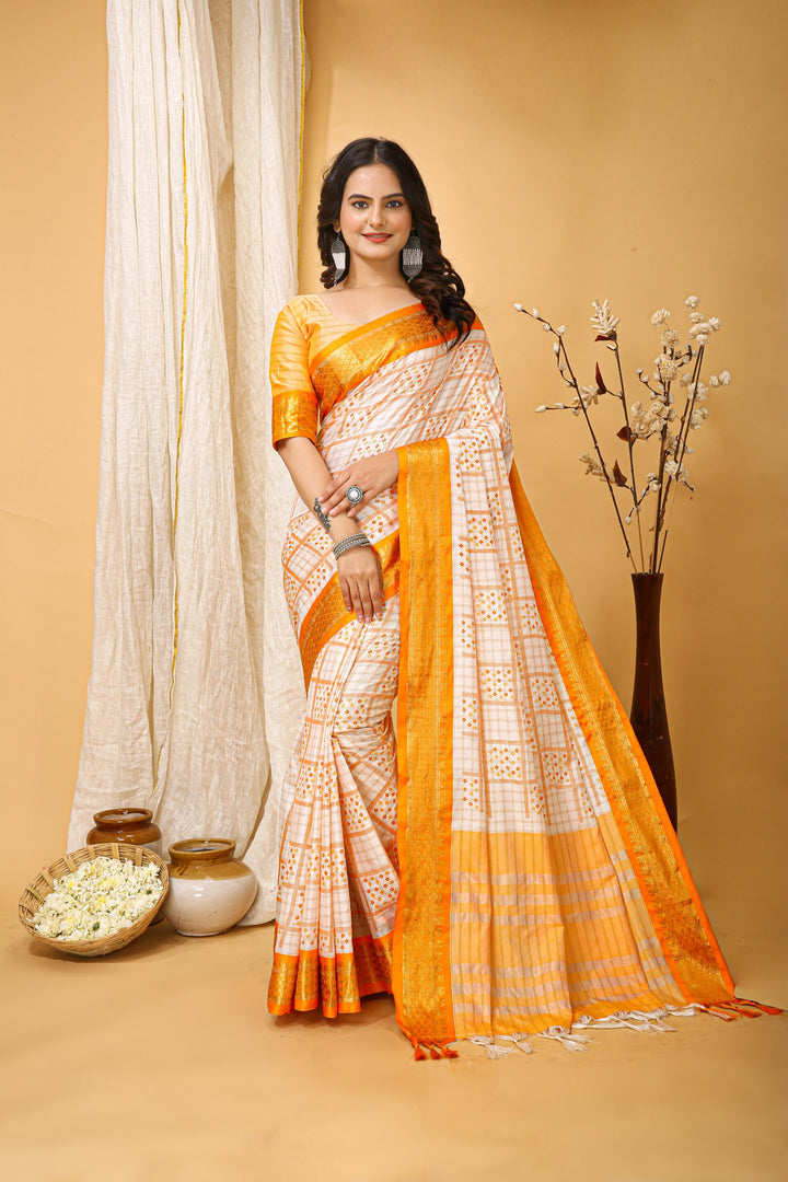 Yellow Colour Soft Cotton Silk Pure Zari Work With Beautiful Print On Saree