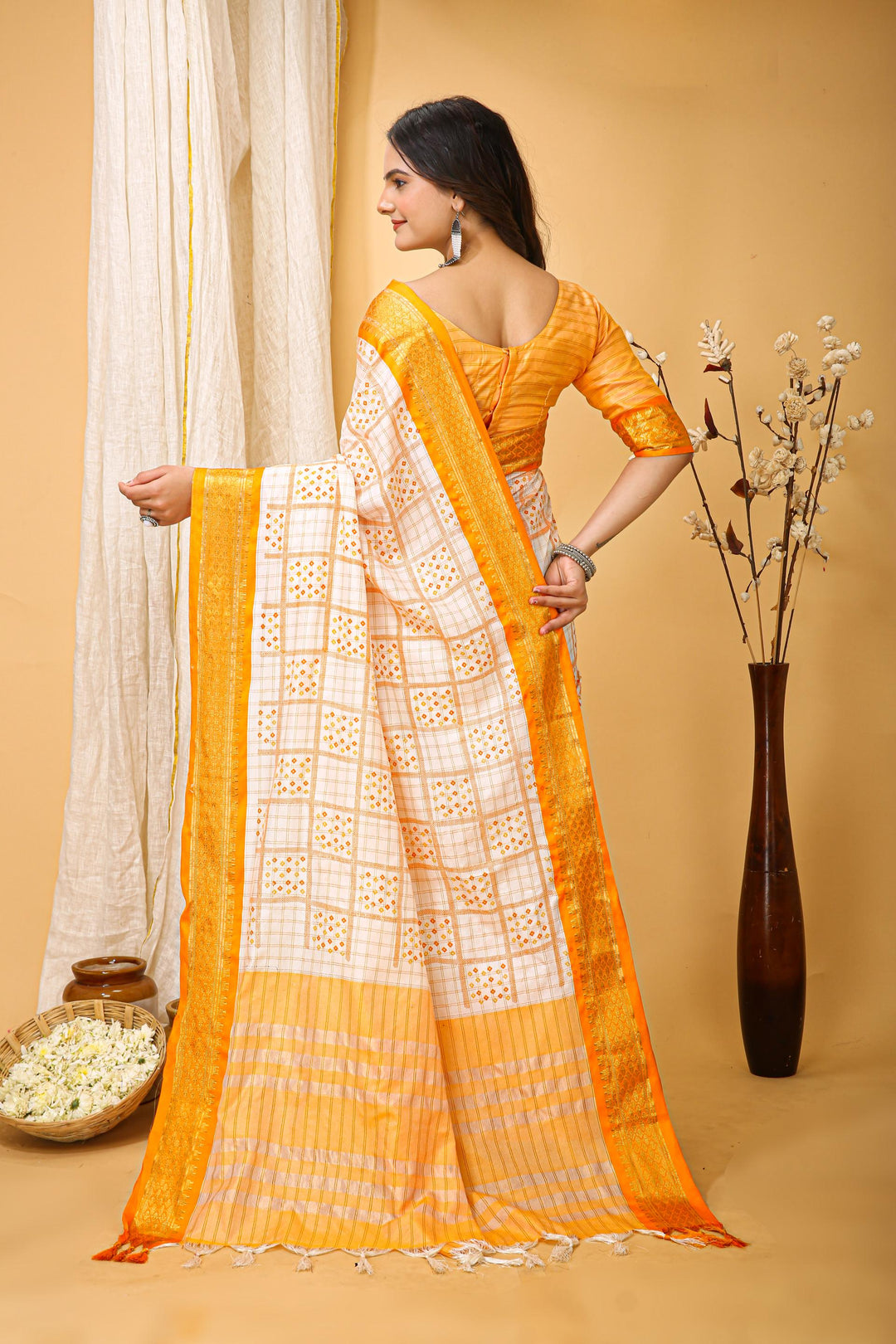 Yellow Colour Soft Cotton Silk Pure Zari Work With Beautiful Print On Saree