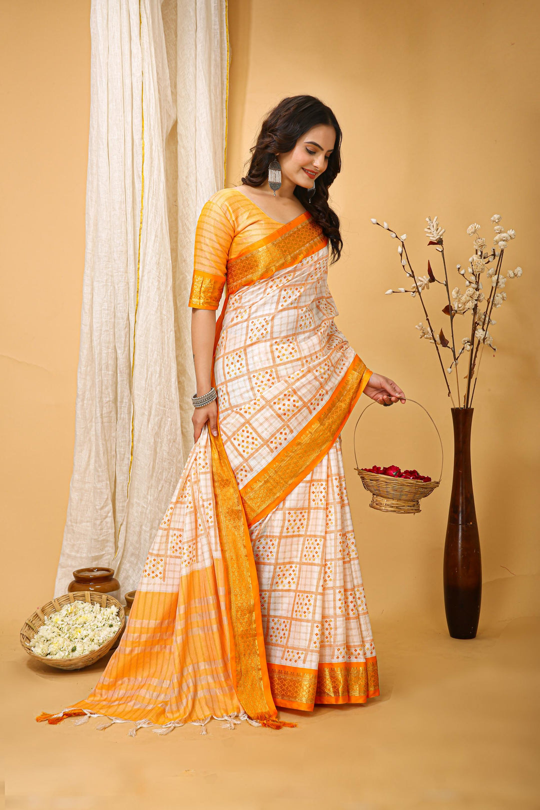 Yellow Colour Soft Cotton Silk Pure Zari Work With Beautiful Print On Saree