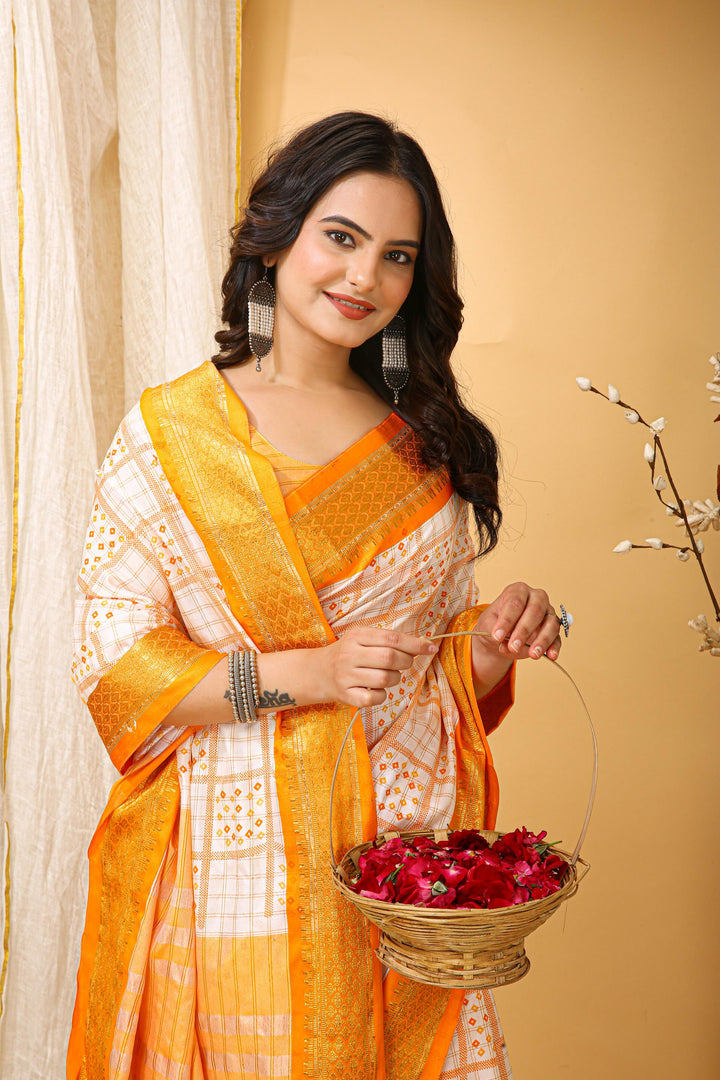 Yellow Colour Soft Cotton Silk Pure Zari Work With Beautiful Print On Saree