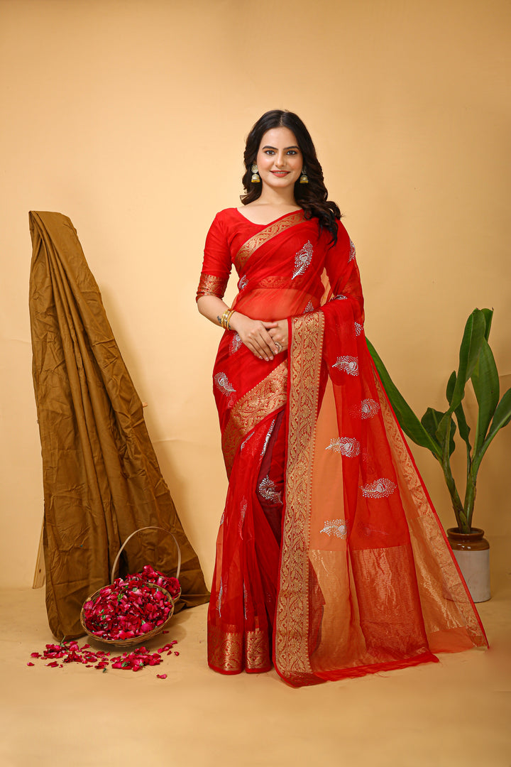 Red Color Kanchipuram Organza jacquard Saree Multi Sequins Work With Unstitched Blouse Piece