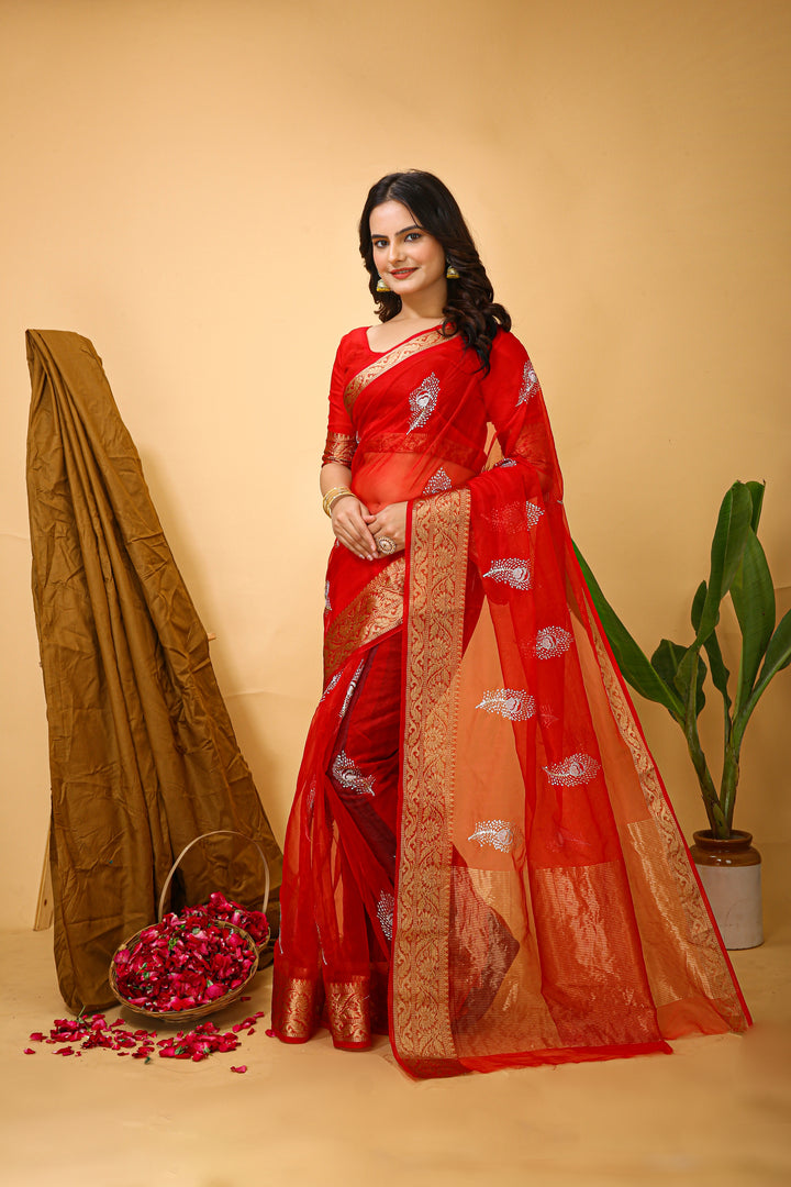 Red Color Kanchipuram Organza jacquard Saree Multi Sequins Work With Unstitched Blouse Piece