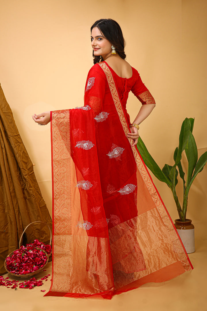 Red Color Kanchipuram Organza jacquard Saree Multi Sequins Work With Unstitched Blouse Piece