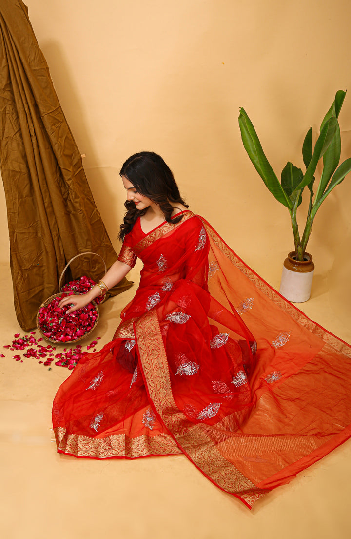 Red Color Kanchipuram Organza jacquard Saree Multi Sequins Work With Unstitched Blouse Piece
