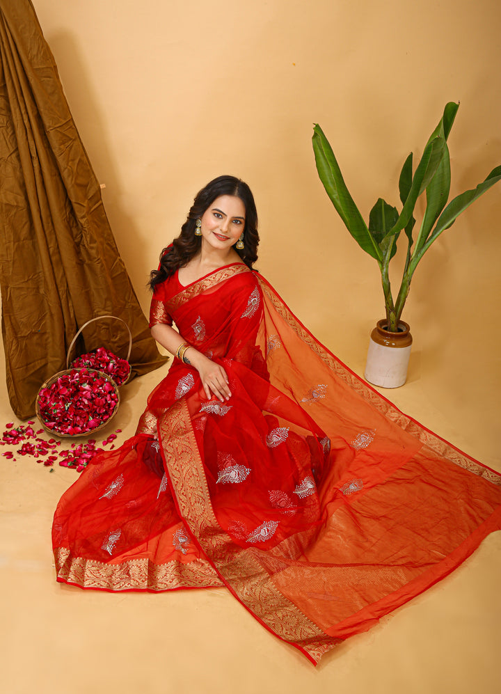 Red Color Kanchipuram Organza jacquard Saree Multi Sequins Work With Unstitched Blouse Piece