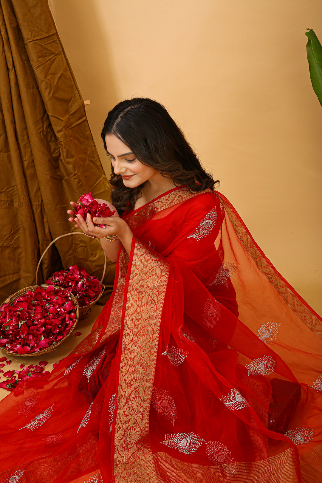Red Color Kanchipuram Organza jacquard Saree Multi Sequins Work With Unstitched Blouse Piece