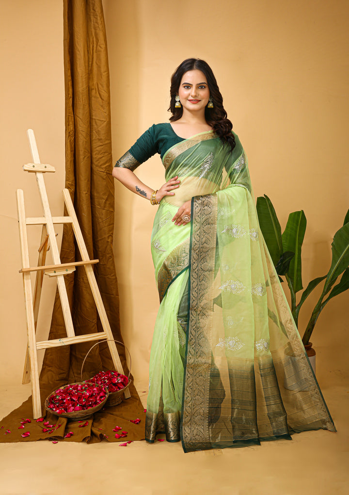 Light Green Color Kanchipuram Organza jacquard Saree Multi Sequins Work With Unstitched Blouse Piece