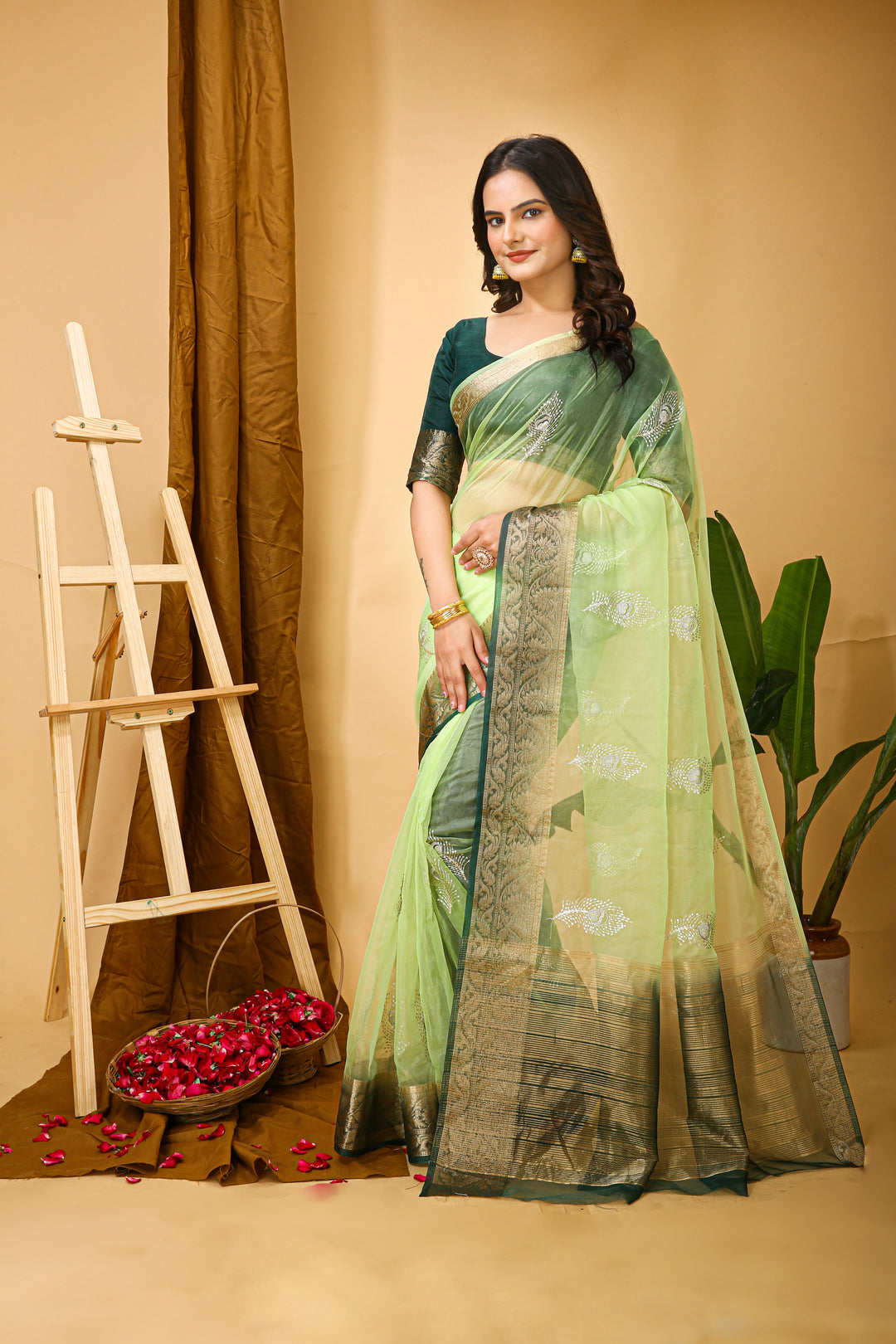 Light Green Color Kanchipuram Organza jacquard Saree Multi Sequins Work With Unstitched Blouse Piece