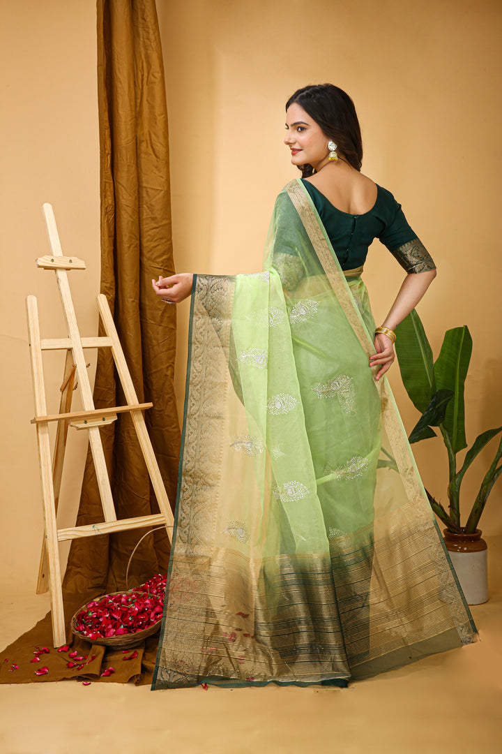 Light Green Color Kanchipuram Organza jacquard Saree Multi Sequins Work With Unstitched Blouse Piece